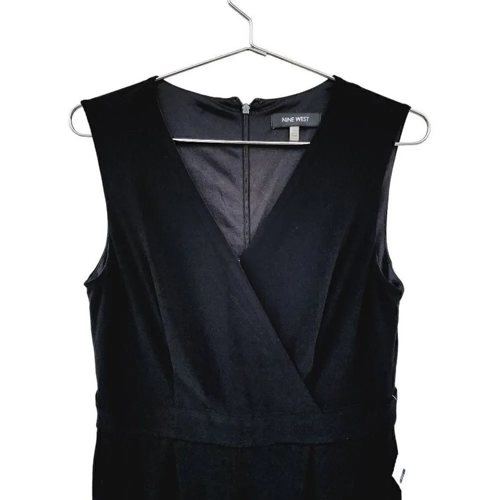 Nine West Womens Jumpsuit Black Surplice Neck Sleeveless Long Wide Leg Pleats 4